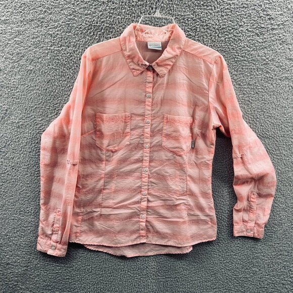 Columbia Womens‎ Top Medium Pink Striped Button Front Fishing Shirt Pockets - Picture 1 of 10